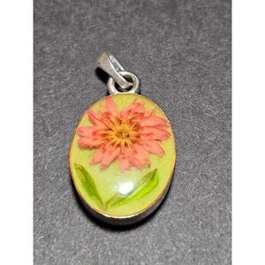 Vintage silver tone resin pressed flower pendant